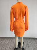 SC Solid Long Sleeve Sashes Mini Dress MIL-L351