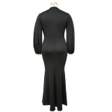 SC Plus Size Solid V Neck Long Sleeve Maxi Evening Dress NNWF-7662