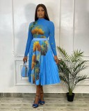SC Sexy Printed Long Sleeve Top+High Waist Pleated Skirt 2 Piece Sets OY-6381