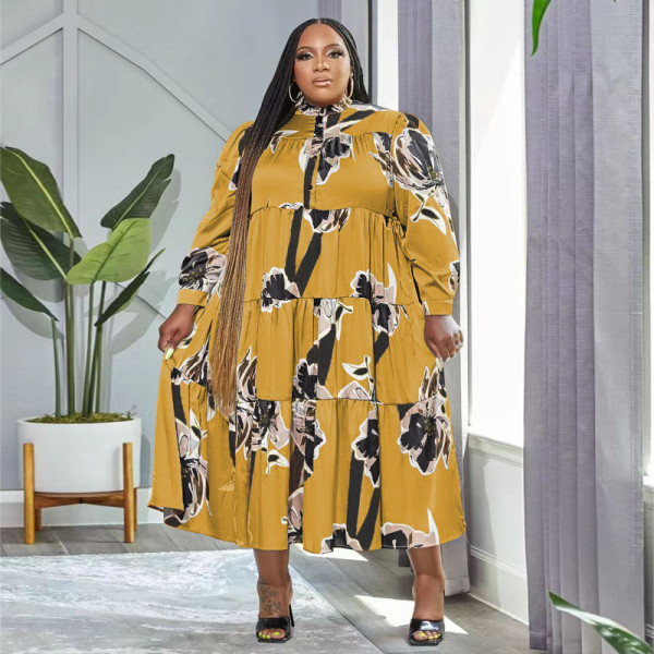 Plus Size Printed Long Sleeve Maxi Dress OSIF-22526