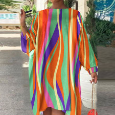 Plus Size Colorful Stripe Long Sleeve Midi Dress NY-10259