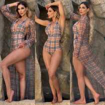 SC Plaid Print Halter One Piece Bikini +Long Cloak 2 Piece Sets GYSF-K7112