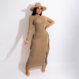 SC Solid Tassel Long Sleeve Slim Maxi Dress CJF-3079