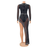 SC Sexy Mesh Hot Drilling Long Sleeve Irregular Night Club Dress GOSD-6780
