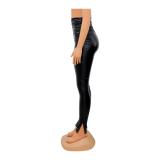 SC PU Leather Black High Waist Ruched Split Tight Pants GOSD-1292