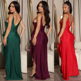 SC Sexy Ruffled V Neck Spaghetti Strap Split Evening Dress GOSD-6799