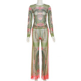 SC Sexy Mesh Printed Long Sleeve 2 Piece Pants Sets XEF-19040