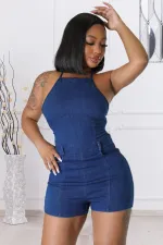 SC Plus Size Denim Backless Cross Strap Romper LX-3533