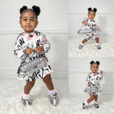 SC Kids Girls Printed Long Sleeve Hooded And Skirt Two Piece Set GYMF-YM076