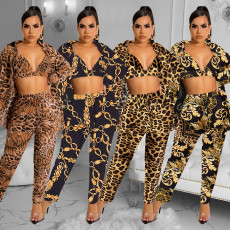 SC Casual Printed Bra Top+Coat+Pants 3 Piece Sets BY-5989