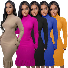 SC Plus Size Sexy Ribbed Backless Turtleneck Midi Dress BLX-61012