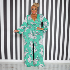 SC Plus Size Fashion Print V-Neck Jumpsuit With Belt OSIF-22528