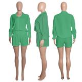 SC Fashion Casual Solid Long Sleeve Shirt Shorts Two Piece Set HEJ-8161