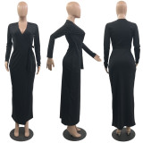 SC Solid V Neck Long Sleeve Maxi Dress YUF-90110