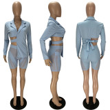 SC Sexy Irregular Blazer Coat+Mesh Patchwork Shorts 2 Piece Sets XYF-9182