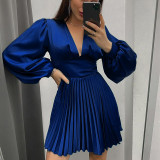 SC Sexy V Neck Long Sleeve Pleated Mini Dress ME-8204