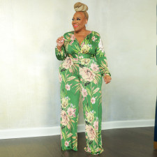 SC Plus Size Floral Print V Neck Belted Jumpsuit OSIF-22533