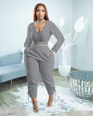 SC Plus Size Solid Long Sleeve Two Piece Pants Sets PHF-13305