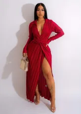 SC Solid Long Sleeve V Neck Split Maxi Dress OSM-4377