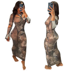 SC Mesh Flared Sleeve Printed Maxi Dress YF-9989