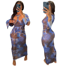 SC Mesh Flared Sleeve Printed Maxi Dress YF-9989