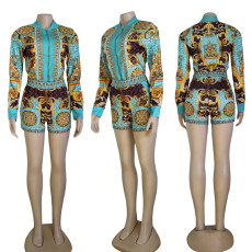 SC Casual Print Zip Long Sleeve Shorts Two Piece Set GYSF-7142