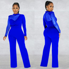SC Fashion Polka Dot Mesh Splice Long Sleeve Jumpsuit BY-6021