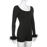 SC Solid Long Sleeve Feather Decoration Rompers GLRF-25782
