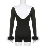 SC Solid Long Sleeve Feather Decoration Rompers GLRF-25782