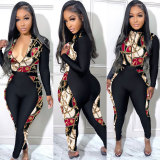 SC Plus Size Printed Patchwork Zipper Tight Jumpsuit NY-10276