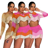 SC Sexy Knit Long Sleeve Crop Top Mini Skirt 2 Piece Sets ME-8208