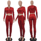 SC Fashion Velvet Ruched Hooded Cropped Coat And Pants 2 Piece Set YD-8655