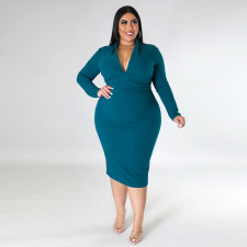 SC Plus Size V-Neck Solid Color Long Sleeve Midi Dress ONY-7038