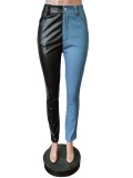SC Fashion Denim PU Leather Splice Pants MEM-88460