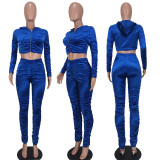 SC Fashion Velvet Ruched Hooded Cropped Coat And Pants 2 Piece Set YD-8655