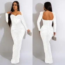 SC Fashion Hot Diamond Mesh Long Sleeve Maxi Dress BY-6023