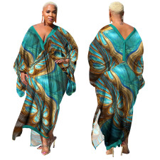 SC Plus Size V-neck Long Sleeve Print Maxi Dress YF-10248