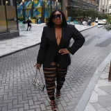 SC Plus Size Solid Long Sleeve Blazer And Hollow Out Pant Two Piece Set NY-2563