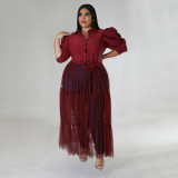 SC Plus Size Solid Shirts Mesh Splice Perspective Maxi Dress NNWF-7681