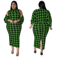 SC Plus Size Fashion Sexy Sleeveless Houndstooth Print Dress Set NNWF-7708