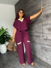 SC Fashion V Neck Short Sleeve T-shirt And Straight Pant Suits QYF-9887