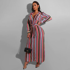 SC Plus Size Striped Print Lapel Cardigan Dress With Waist Belt OSIF-22469