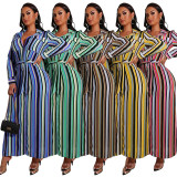 SC Plus Size Striped Print Lapel Cardigan Dress With Waist Belt OSIF-22469