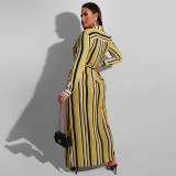 SC Plus Size Striped Print Lapel Cardigan Dress With Waist Belt OSIF-22469