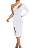 SC Sexy Solid One Shoulder Sleeve Hollow Out Party Dress MZ- 2766