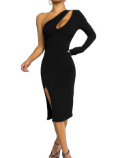 SC Sexy Solid One Shoulder Sleeve Hollow Out Party Dress MZ- 2766