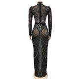 SC Sexy Mesh See Through Hot Drilling Long Sleeve Long Skirts Suits GFYX-6028