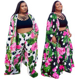 SC Plus Size Print Long Coat And Loose Pant Two Piece Set NNWF-7602