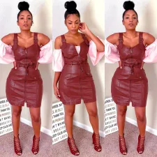 SC Fashion PU Leather Zipper Suspender Dress With Waist Belt MEM-88235