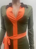 SC Plus Size Contrast Color Stitching V Neck Maxi Dress YNB-7272